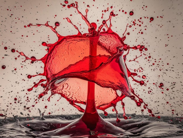 a red splash of water with a red heart in the middle