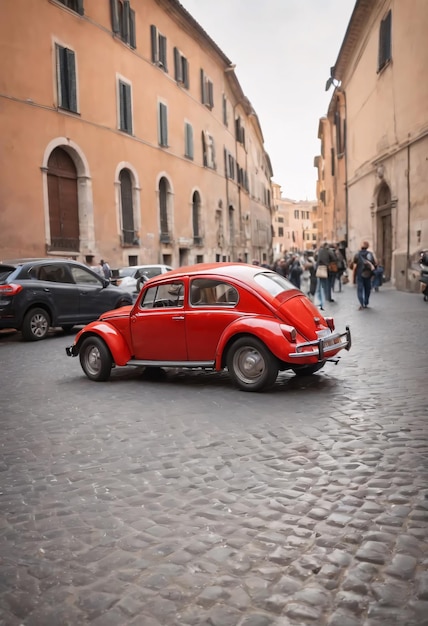 Photo a red sports beetle in the city of rome in italy