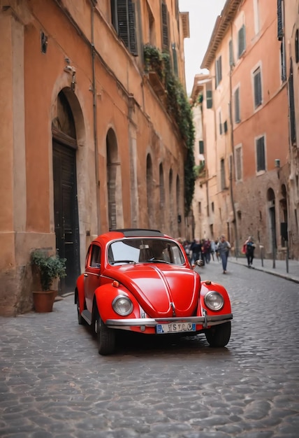 Foto a red sports beetle in the city of rome in italy