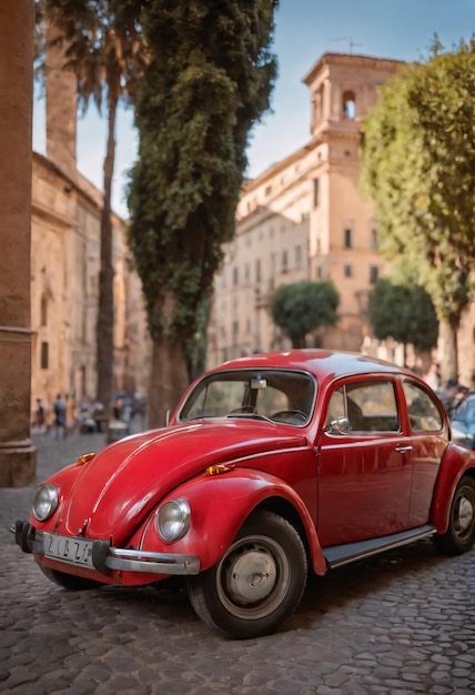 Foto a red sports beetle in the city of rome in italy