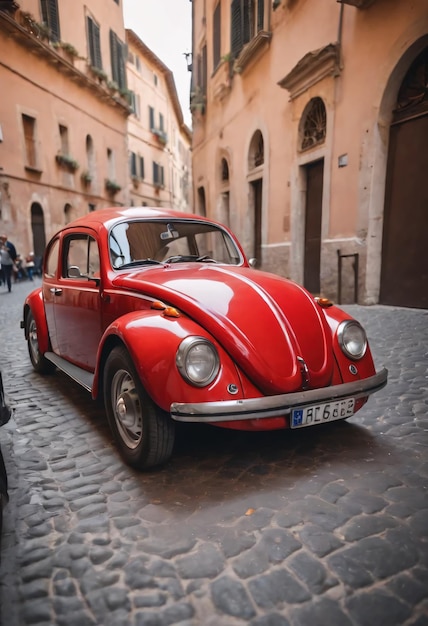 Foto a red sports beetle in the city of rome in italy