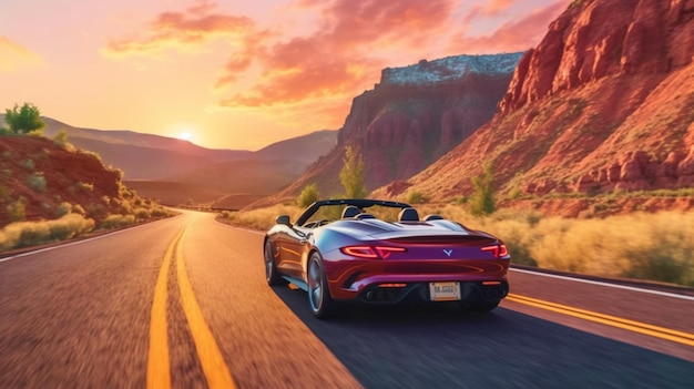 A red sports car drives down a road with the sunset in the background.