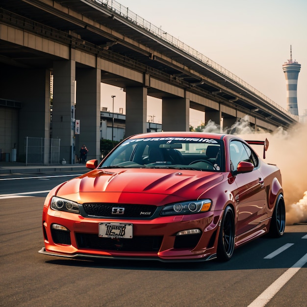 a red sports car driving down a road with a lot of smoke coming out of it's hoods and exhaust pipes