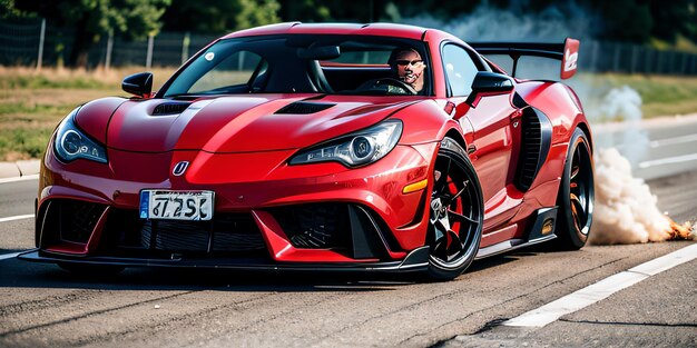 Photo a red sports car driving down a road