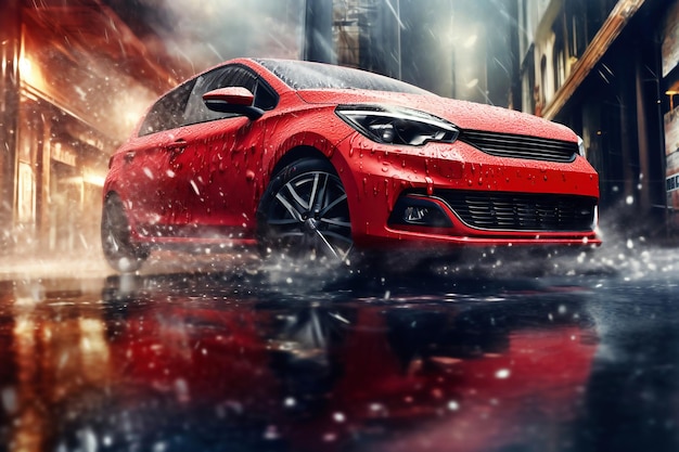 雨の中通りを走る赤いスポーツカー