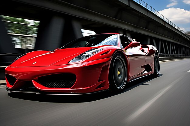 Red sports car driving fast on the highway