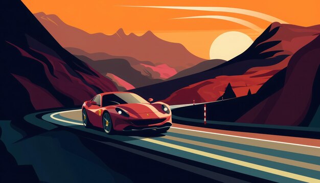 Photo a red sports car driving on a road with mountains in the background.