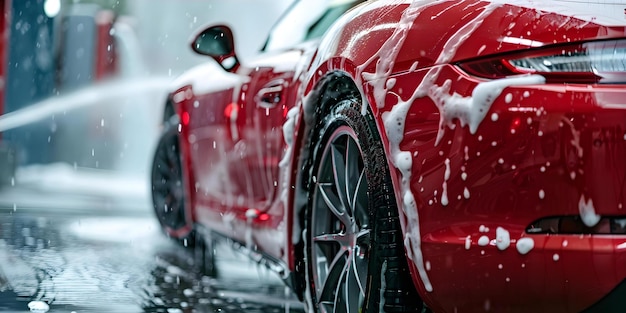 Red sports car getting washed under highpressure water at a car wash looking shiny and clean Concept Car Wash Red Sports Car HighPressure Water Shiny and Clean