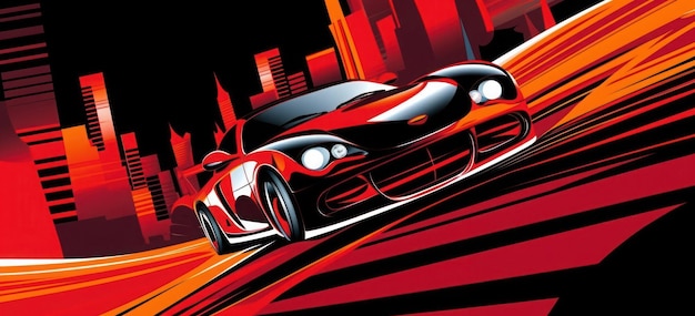 A red sports car is driving down a street with a city in the background.