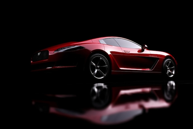 A red sports car is in front of a black background.