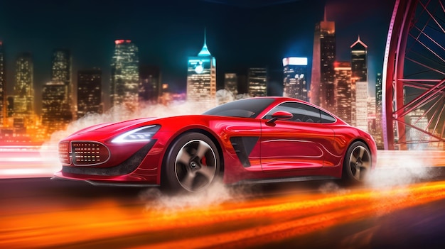 A red sports car is in front of a cityscape.