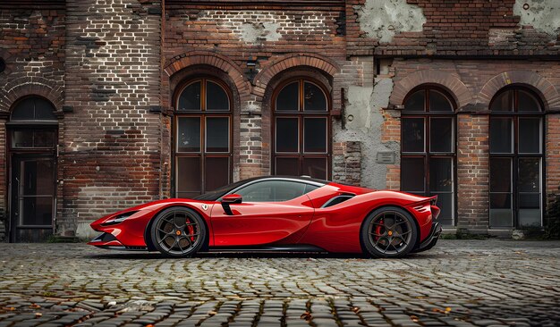 a red sports car is parked on a brick sidewalk