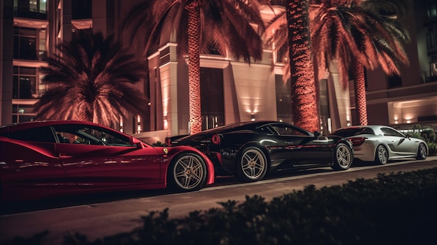 A red sports car is parked in front of a building with palm trees in the background.