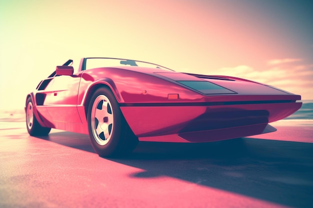 A red sports car is parked in a parking lot