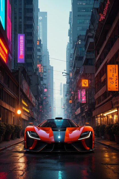 A red sports car is on a street in hong kong