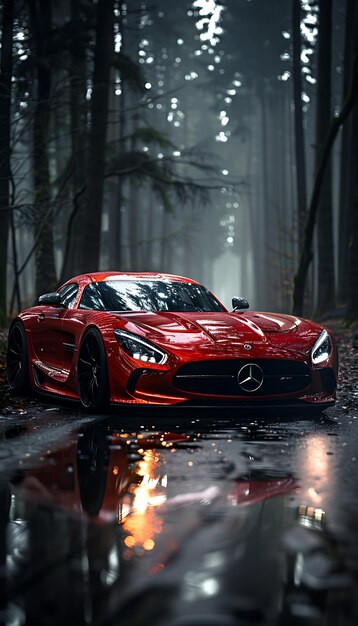 a red sports car is on a wet road