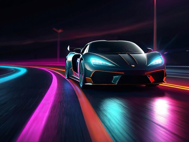 Red Sports Car On Neon Highway Powerful acceleration of a supercar on a night track with colorful