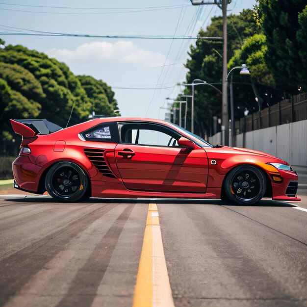 a red sports car parked on the side of the road with its hood open and the hood down and the hood do