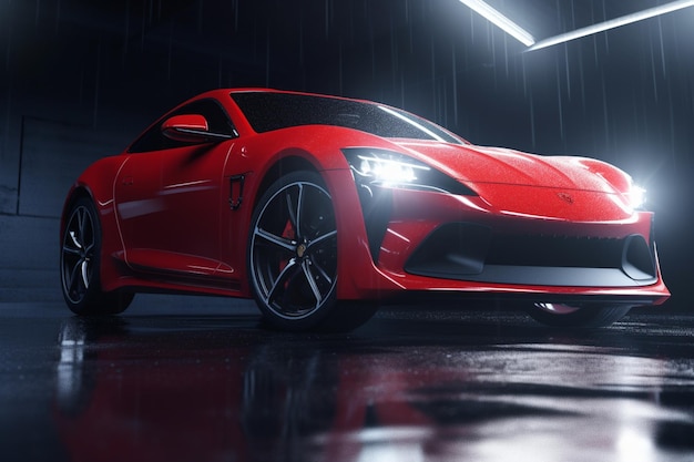 A red sports car in the rain with the word gt on the front.