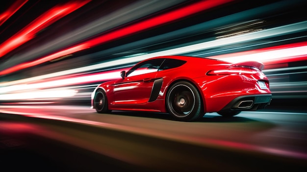 Red sports car on a road with a blurry background