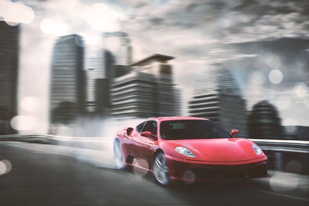 Red sports car speeding on a highway