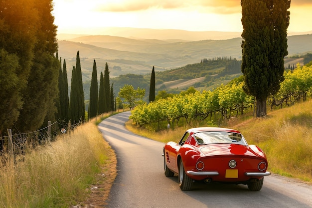 Foto un'auto sportiva rossa scende a velocità su una strada di campagna tortuosa sullo sfondo rurale panoramico un'automobile sportiva italiana su una strada tortuosa di campagna toscana generata dall'ia