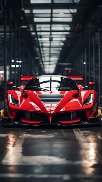 Photo a red sports car in a warehouse