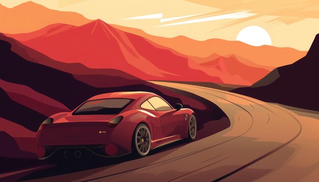 A red sports car on a winding road with mountains in the background.