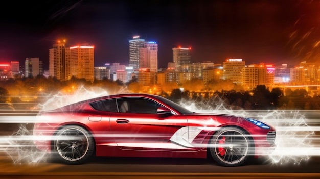 A red sports car with a city skyline in the background