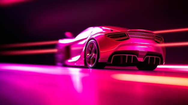 A red sports car with a pink light in the background.