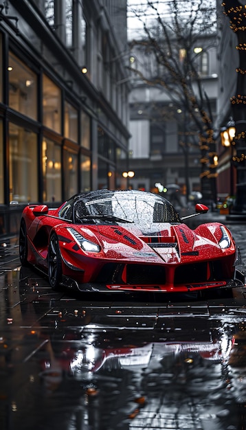a red sports car with a silver roof sits on a wet street