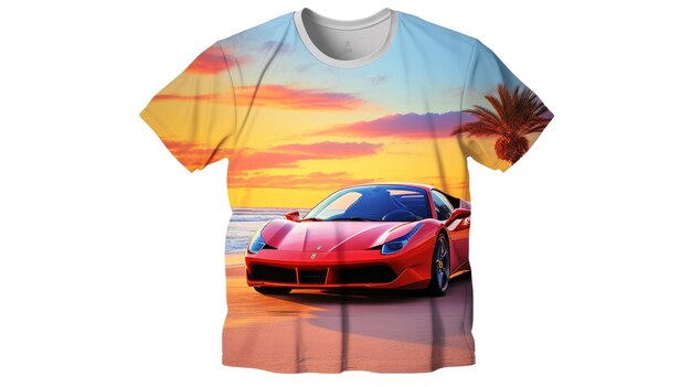 A red sports car with a sunset on the background