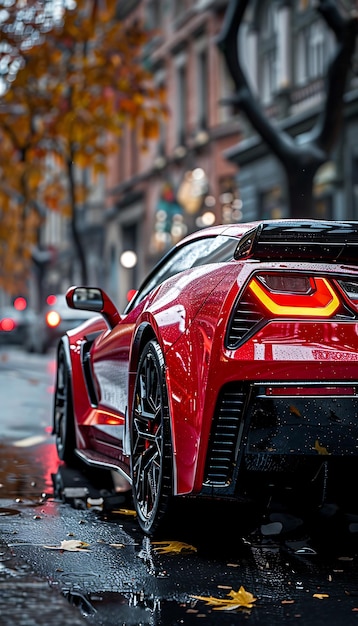 a red sports car with the tail lights on