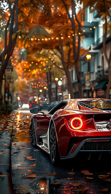a red sports car with the tail lights on
