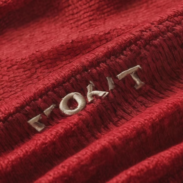 Photo red sportswear closeup top view embroidered letters on the fabric breathable knitwear clothing detai