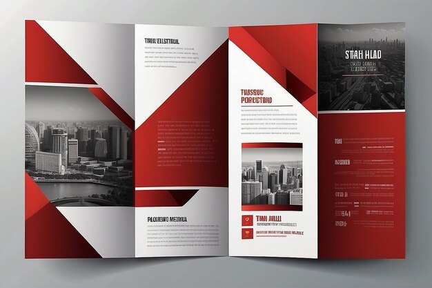 Foto quadrato rosso vettore geometrico business triplo foglietto brochura modello di volantino set di progettazione piana