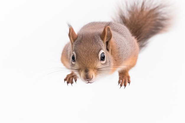 A red squirrel looks at the camera with a white background.