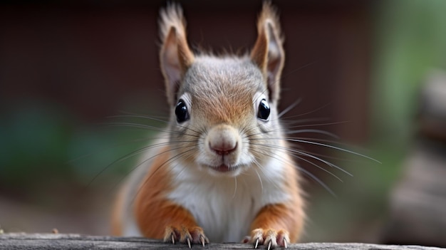 A red squirrel looks over a fence