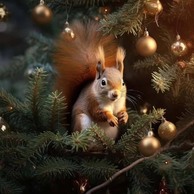 red squirrel in ornament on christmas tree branches