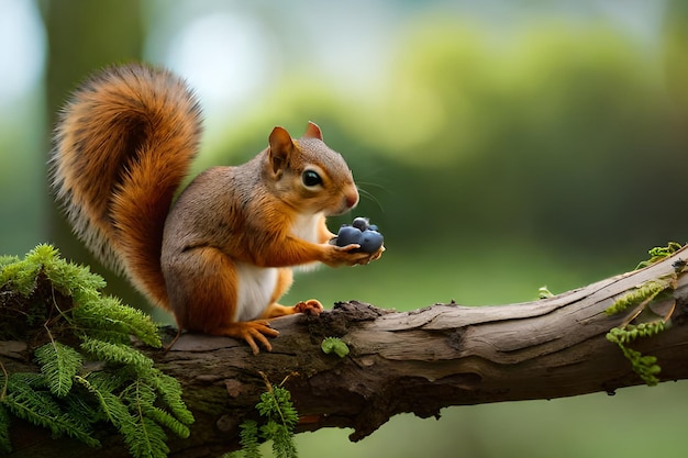 A red squirrel sits on a branch eating a blueberry.