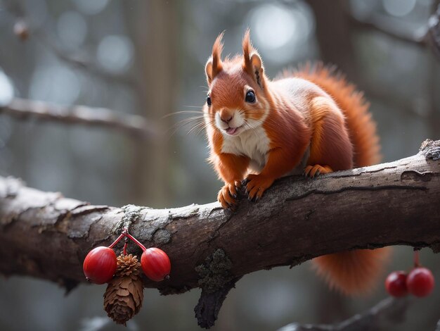 A red squirrel sits on a branch eating a nut