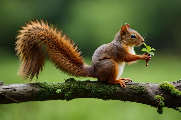 A red squirrel sits on a branch eating a plant.