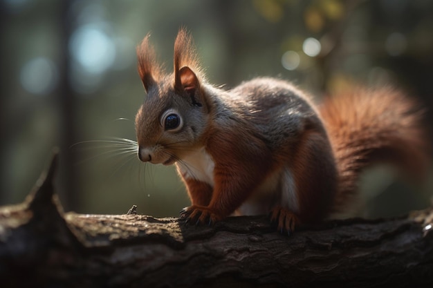 A red squirrel sits on a branch in a forest.