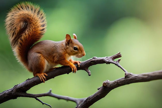 A red squirrel sits on a branch with a green background.