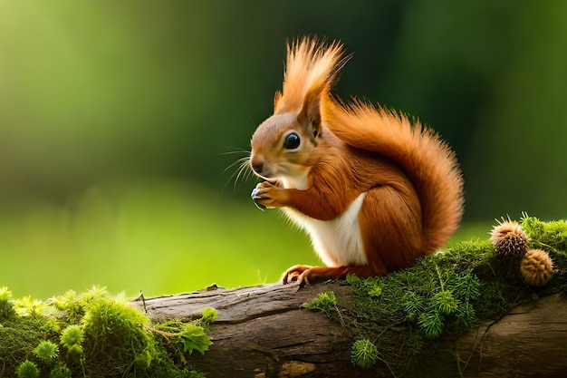 A red squirrel sits on a log in the forest.