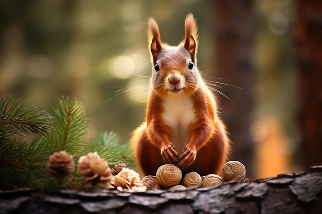 A red squirrel sits on a log with nuts on it