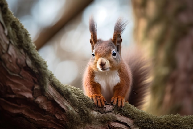 A red squirrel sits on a tree branch.