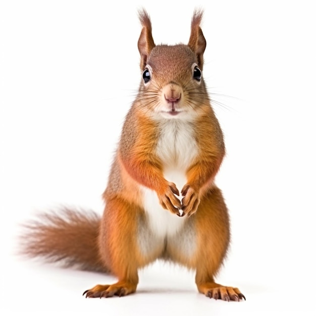 A red squirrel stands on its hind legs and looks at the camera.