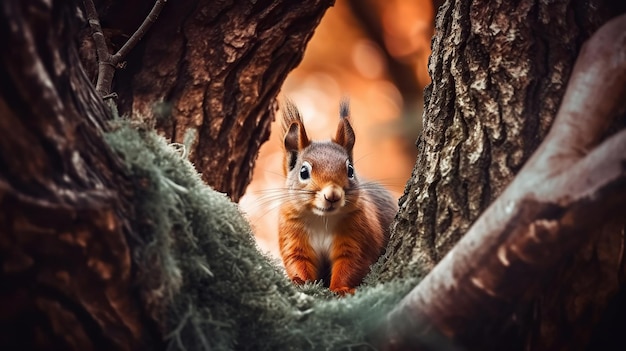 Foto lo scoiattolo rosso sull'albero lo scoiettolo bellissimo con gli occhi arancione