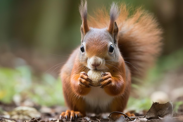 A red squirrel with a nut in its mouth